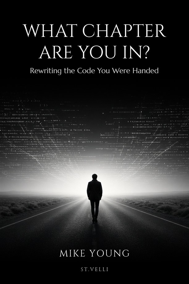 Book cover: a lone figure on a road under a sky of code. Title: What Chapter Are You In? by Mike Young.
